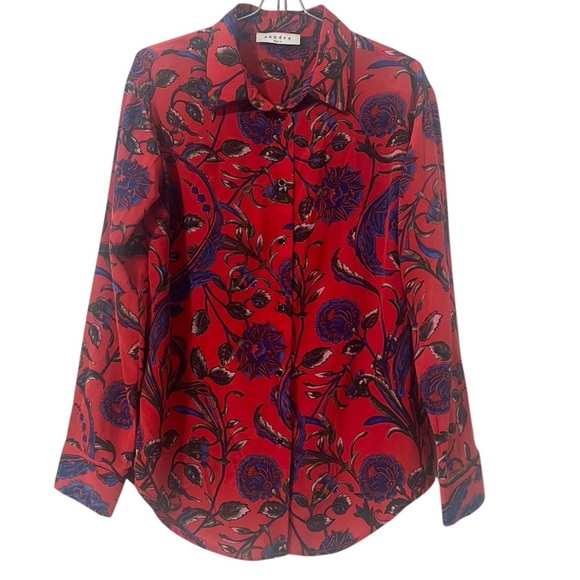 Sandro Women's Floral Red Silk Button Down Blouse Sz 2 or M Workwear Lightweight - Picture 1 of 15
